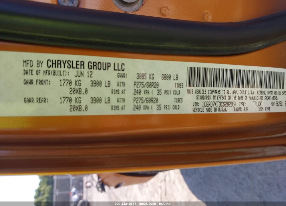 2012 RAM 1500 VIN: 1C6RD7KT3CS282954