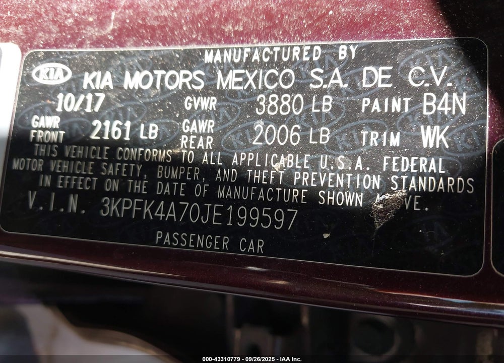 2018 KIA FORTE VIN: 3KPFK4A70JE199597