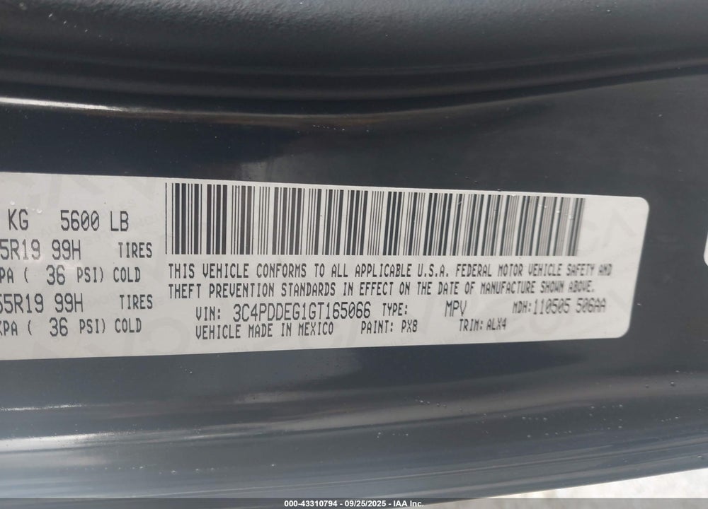 2016 DODGE JOURNEY VIN: 3C4PDDEG1GT165066