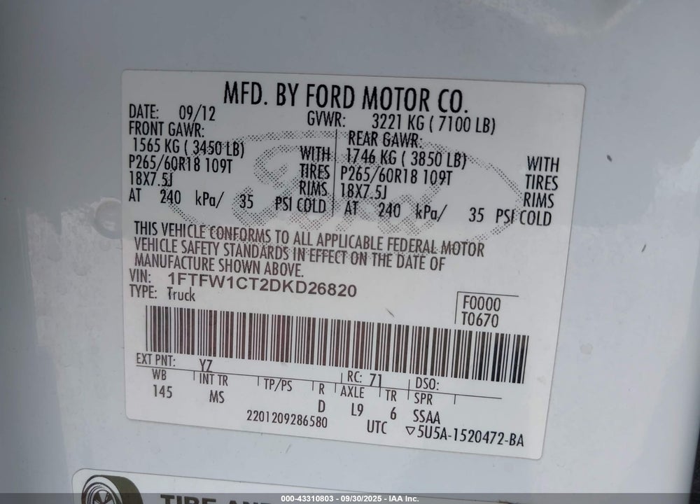 2013 FORD F-150 XLT VIN: 1FTFW1CT2DKD26820