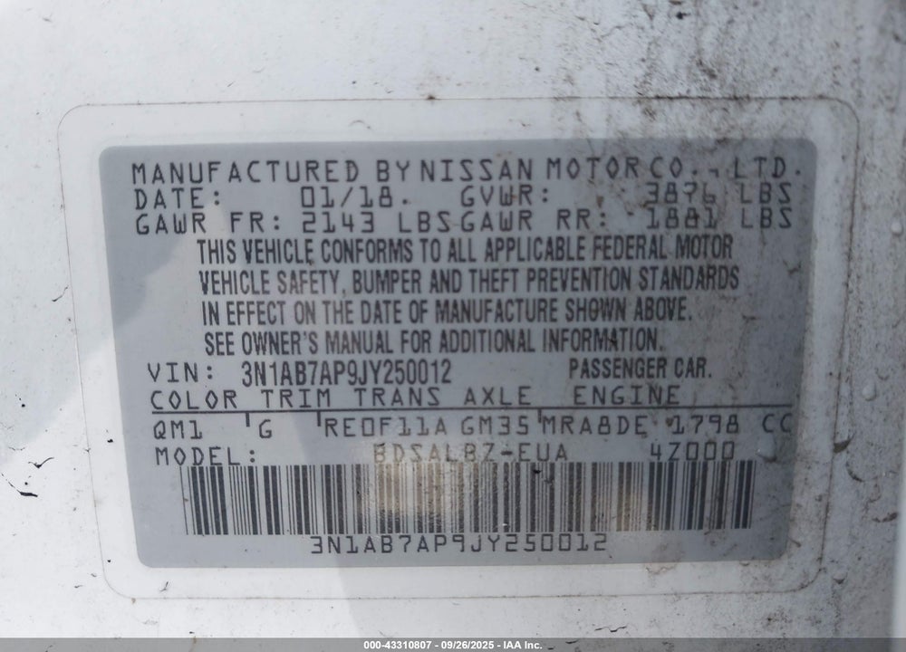 2018 NISSAN SENTRA VIN: 3N1AB7AP9JY250012