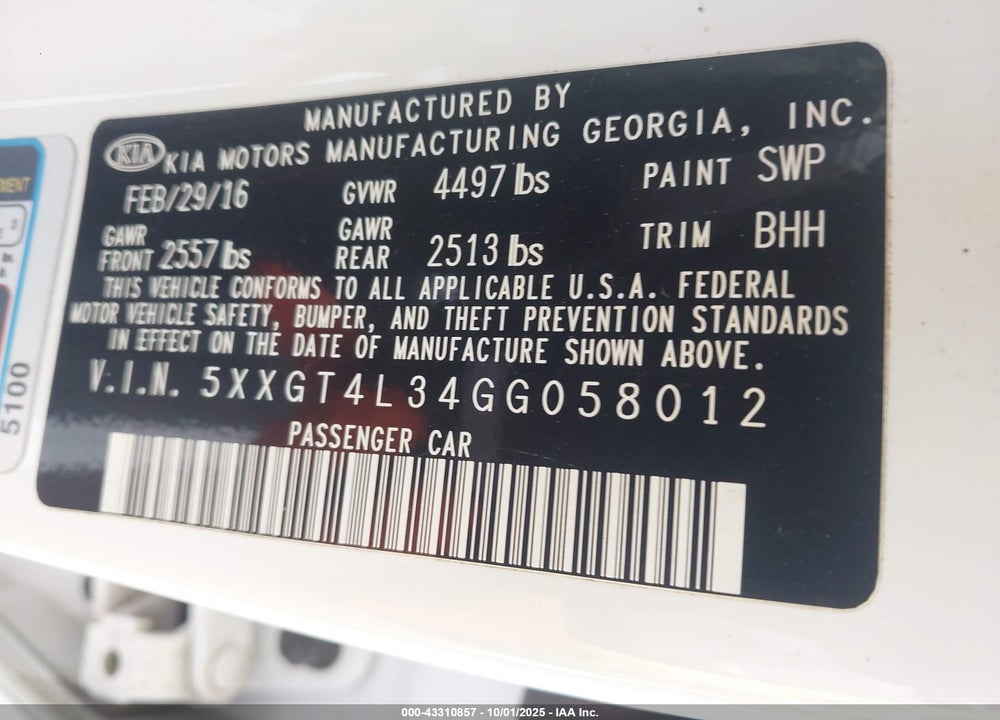 2016 KIA OPTIMA VIN: 5XXGT4L34GG058012