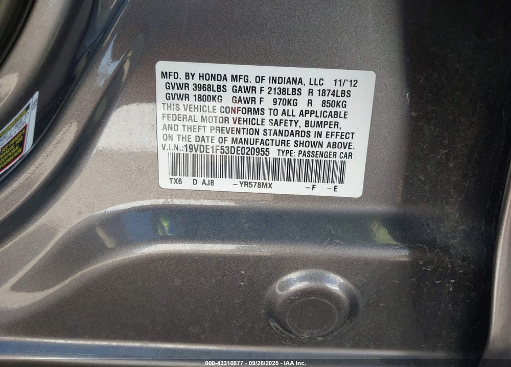2013 ACURA ILX VIN: 19VDE1F53DE020955