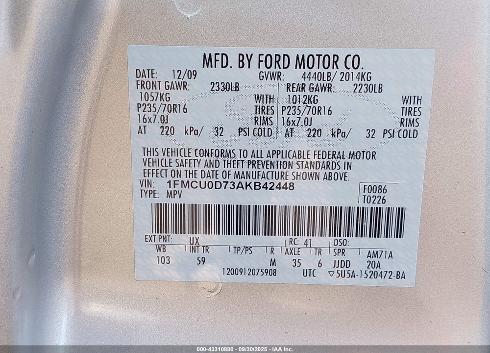 2010 FORD ESCAPE VIN: 1FMCU0D73AKB42448