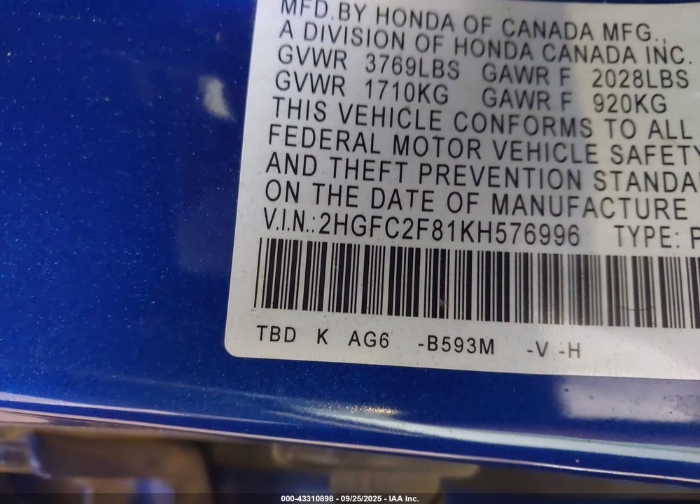 2019 HONDA CIVIC VIN: 2HGFC2F81KH576996