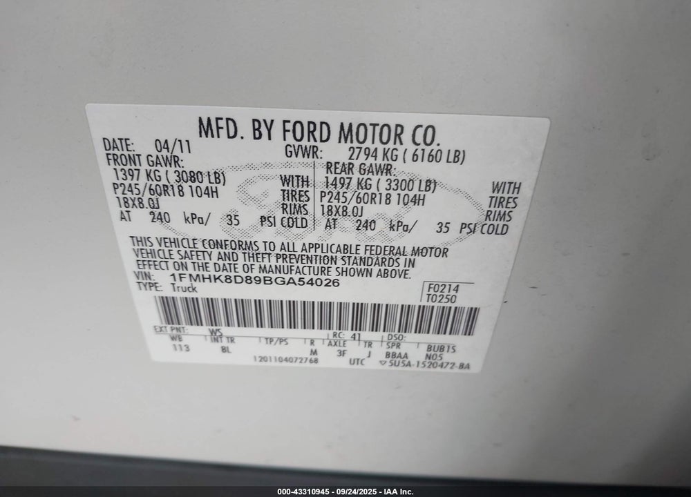 2011 FORD EXPLORER XLT VIN: 1FMHK8D89BGA54026