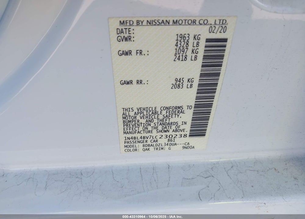 2020 NISSAN ALTIMA S FWD VIN: 1N4BL4BV7LC230238