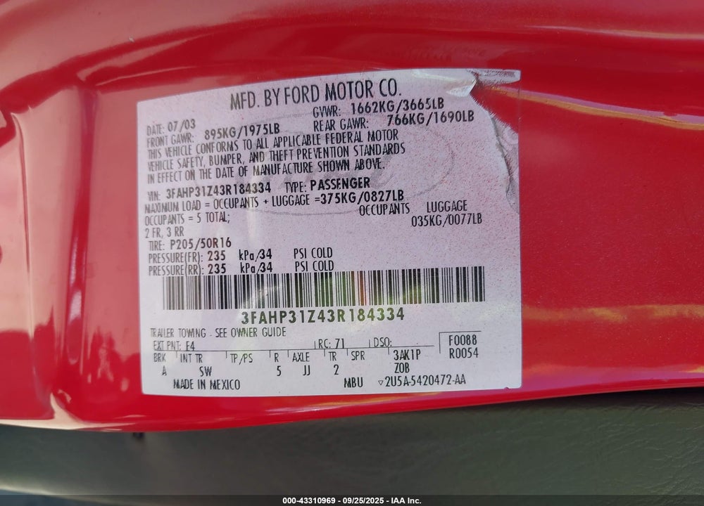 2003 FORD FOCUS VIN: 3FAHP31Z43R184334