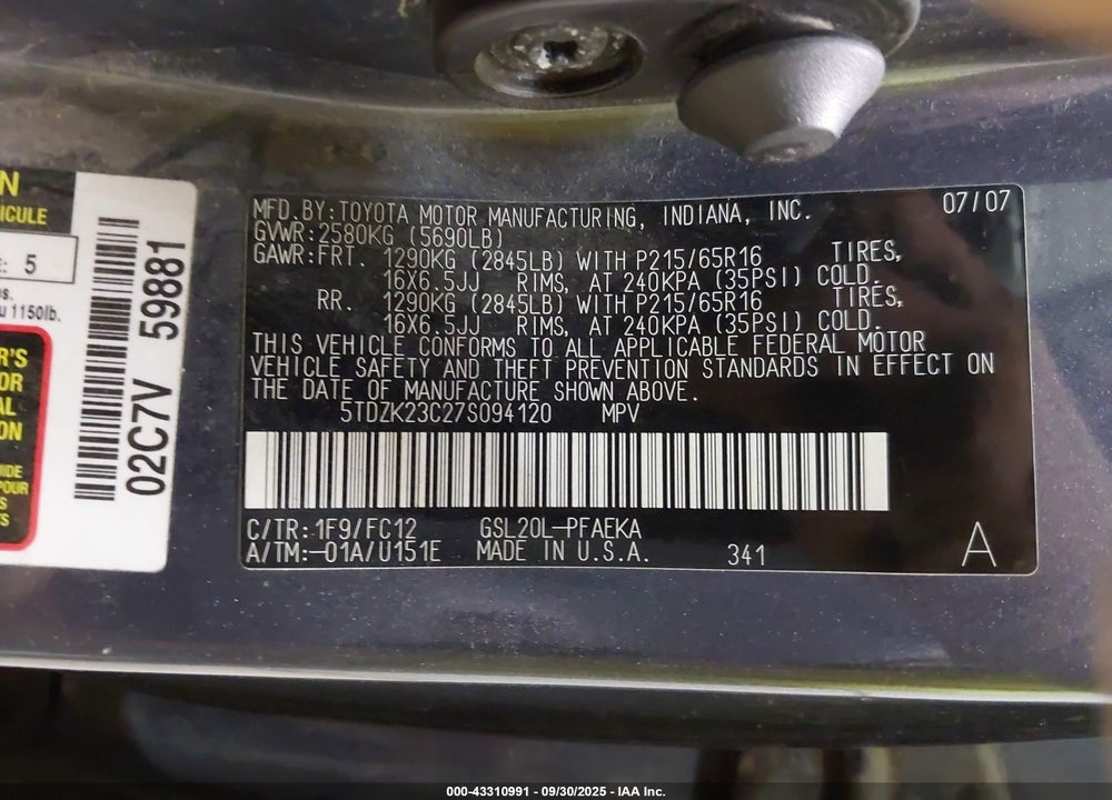 2007 TOYOTA SIENNA LE VIN: 5TDZK23C27S094120