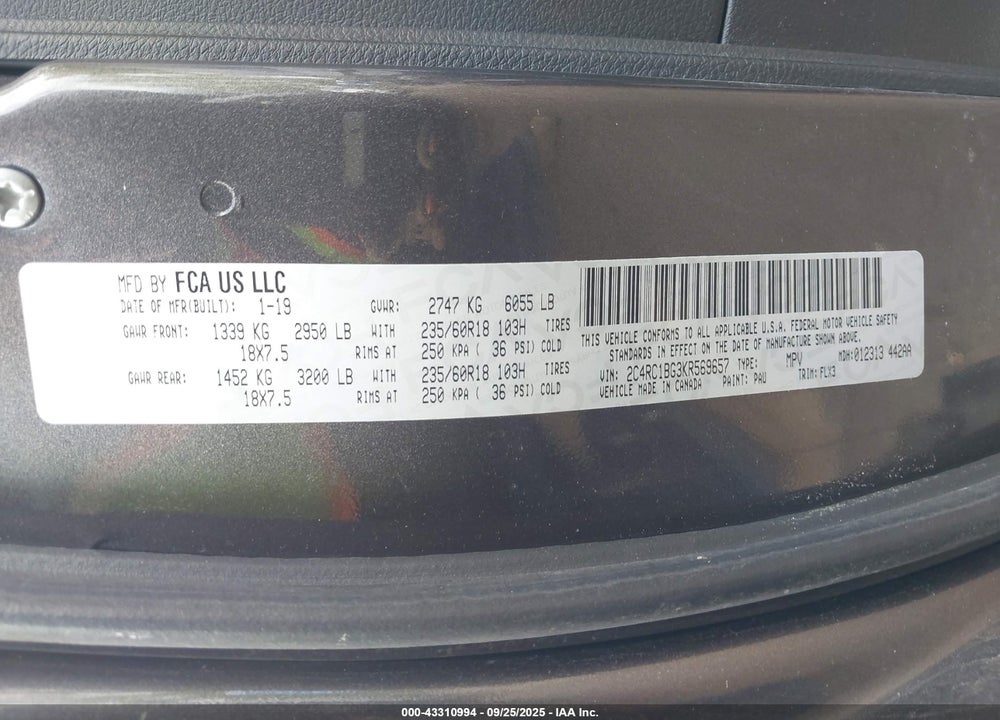 2019 CHRYSLER PACIFICA TOURING L VIN: 2C4RC1BG3KR569657