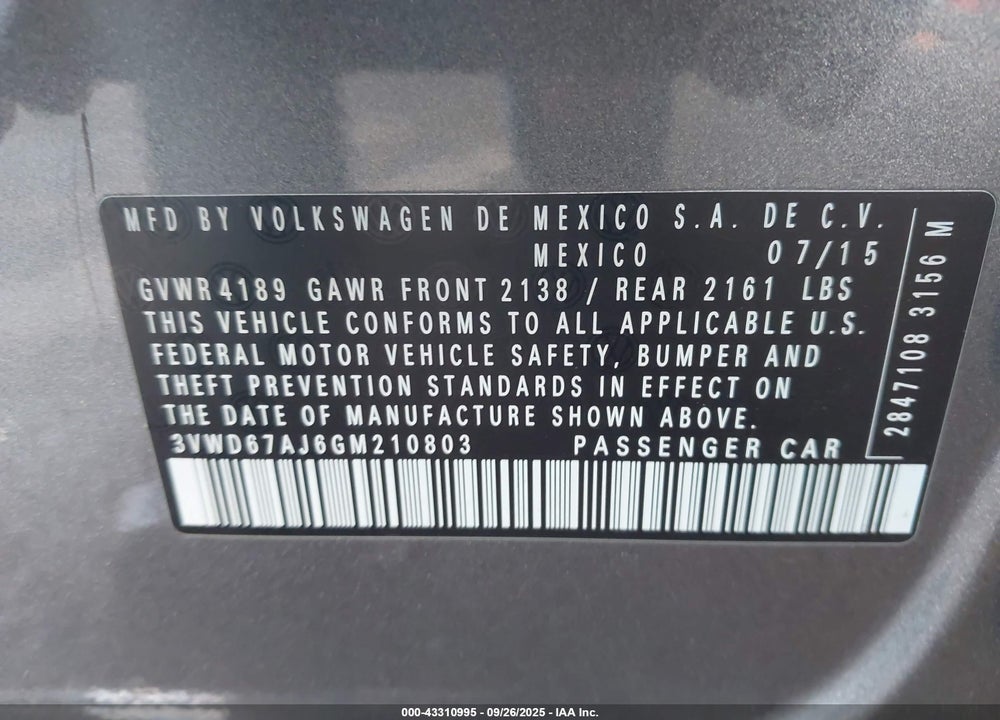 2016 VOLKSWAGEN JETTA VIN: 3VWD67AJ6GM210803