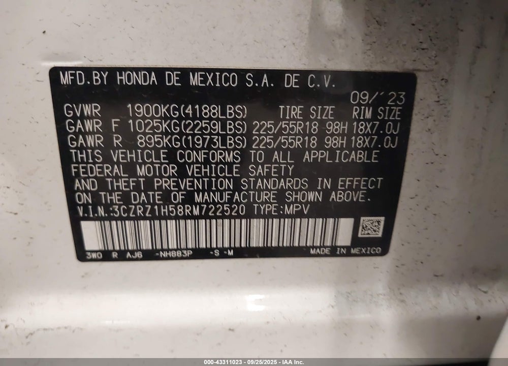 2024 HONDA HR-V VIN: 3CZRZ1H58RM722520