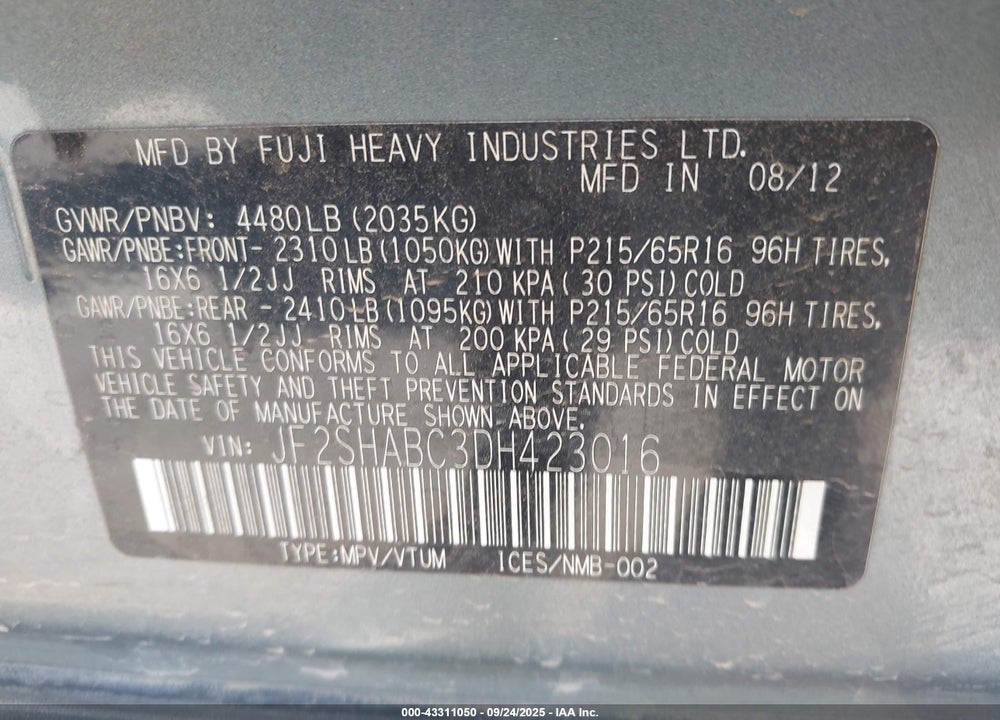 2013 SUBARU FORESTER VIN: JF2SHABC3DH423016