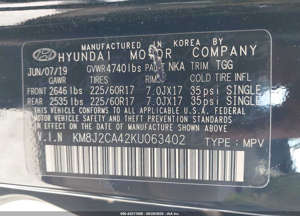 2019 HYUNDAI TUCSON SE VIN: KM8J2CA42KU063402