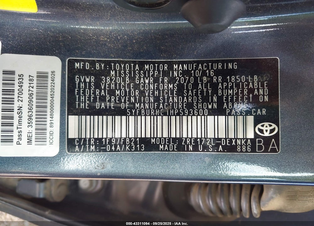 2017 TOYOTA COROLLA LE VIN: 5YFBURHE1HP593600