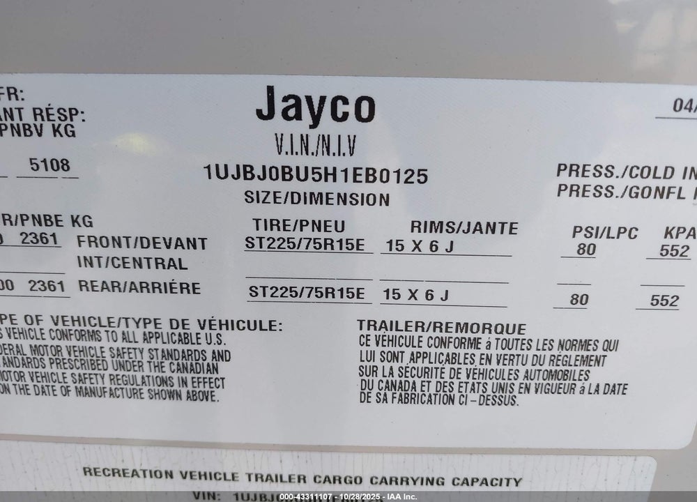 2017 JAYCO EAGLE VIN: 1UJBJ0BU5H1EB0125