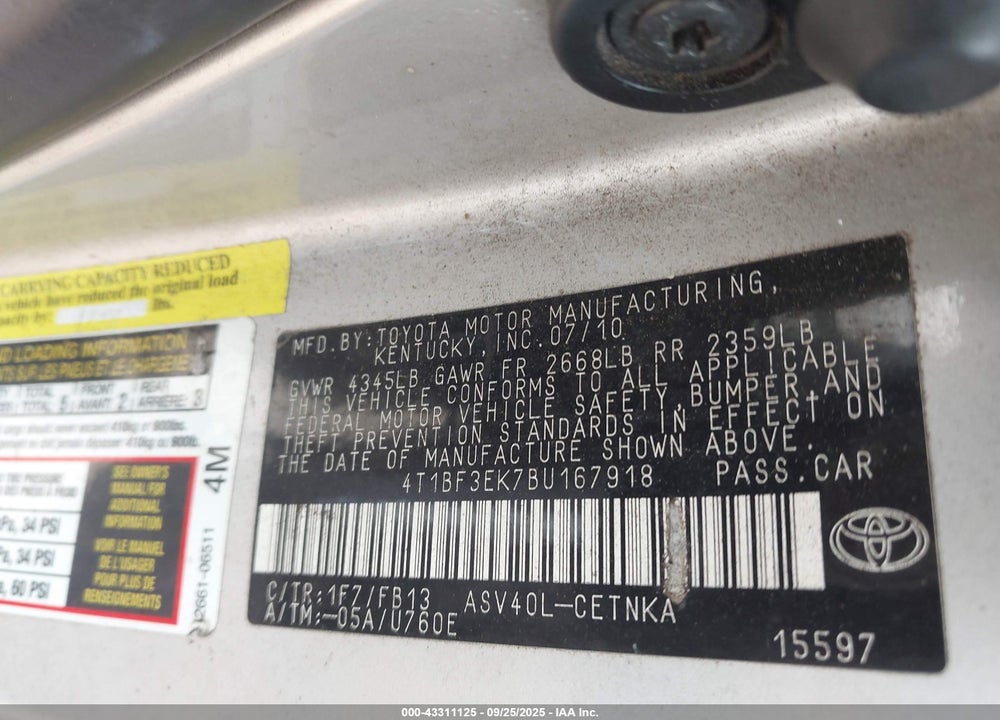 2011 TOYOTA CAMRY VIN: 4T1BF3EK7BU167918