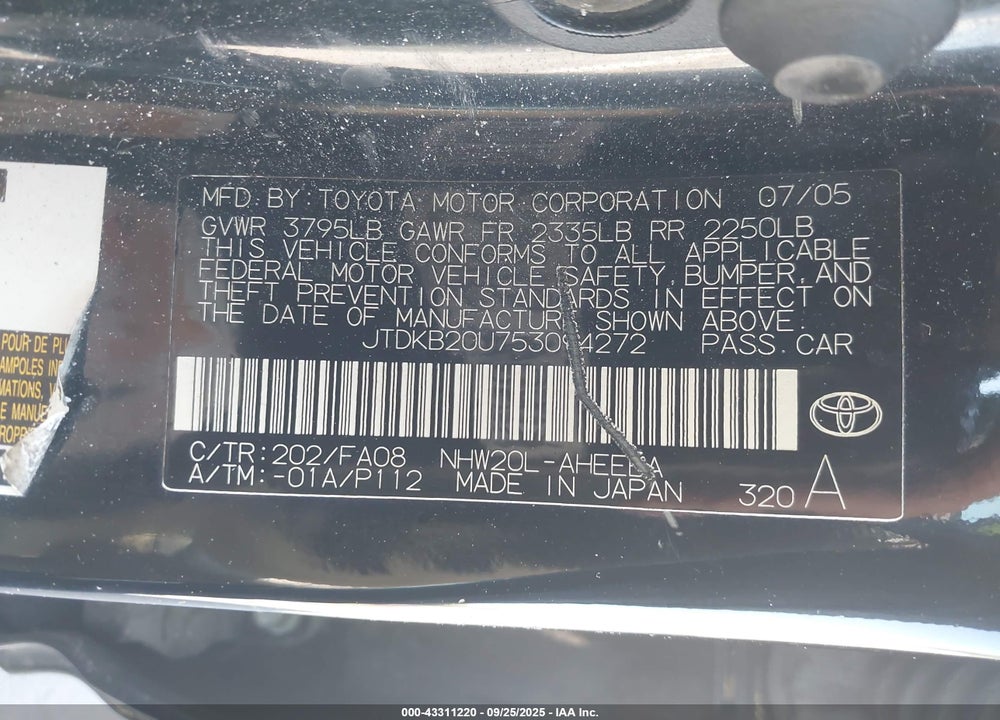 2005 TOYOTA PRIUS VIN: JTDKB20U753094272