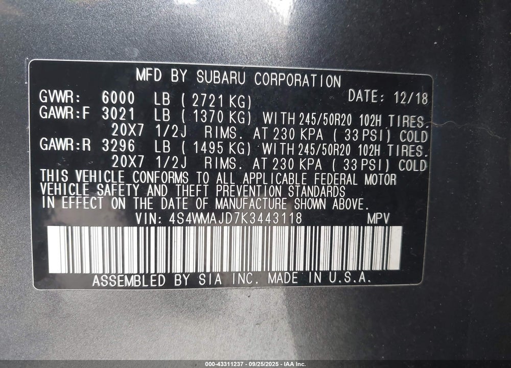 2019 SUBARU ASCENT VIN: 4S4WMAJD7K3443118
