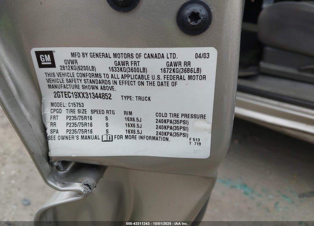 2003 GMC SIERRA 1500 VIN: 2GTEC19XX31344852
