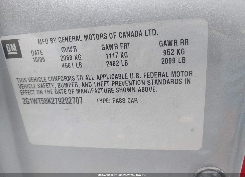 2007 CHEVROLET IMPALA VIN: 2G1WT58K279202707