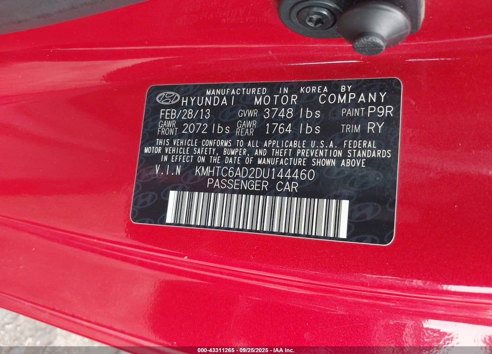 2013 HYUNDAI VELOSTER VIN: KMHTC6AD2DU144460
