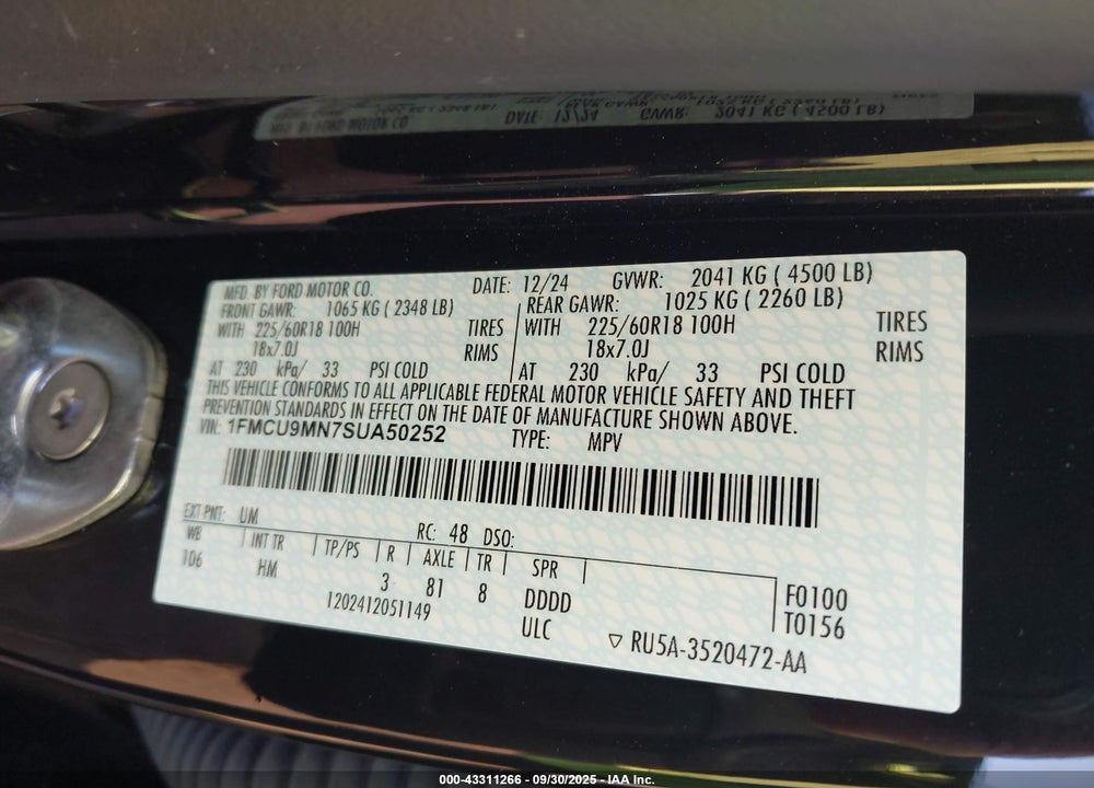 2025 FORD ESCAPE ST LINE VIN: 1FMCU9MN7SUA50252