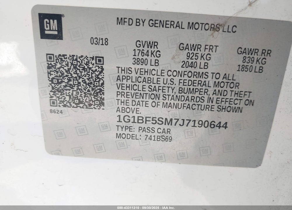 2018 CHEVROLET CRUZE PREMIER AUTO VIN: 1G1BF5SM7J7190644