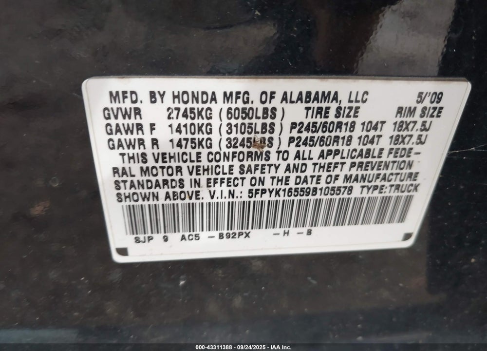 2009 HONDA RIDGELINE RTL VIN: 5FPYK16559B105578