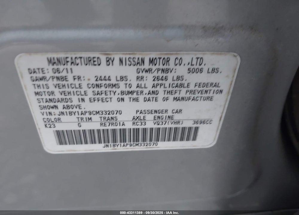 2012 INFINITI M37 VIN: JN1BY1AP9CM332070