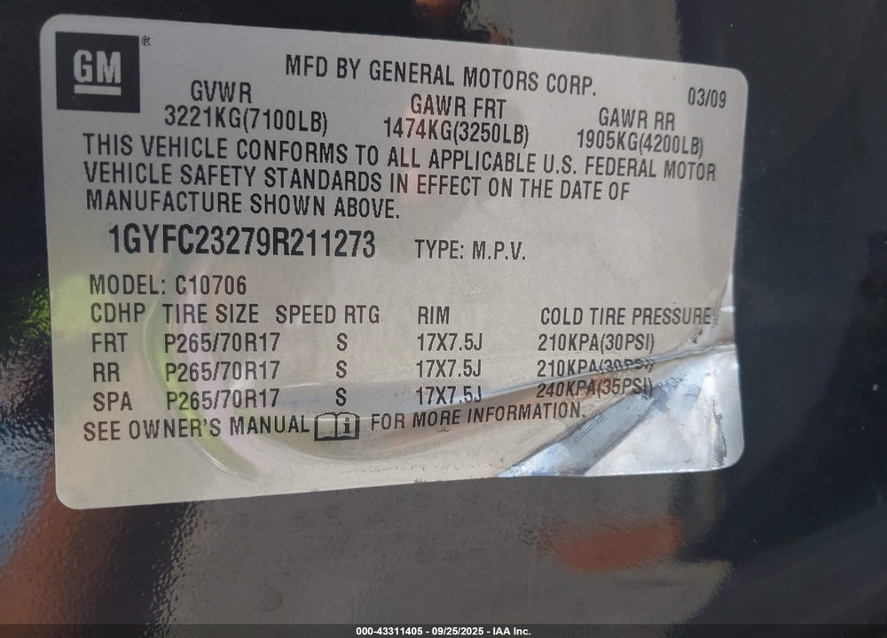 2009 CADILLAC ESCALADE VIN: 1GYFC23279R211273