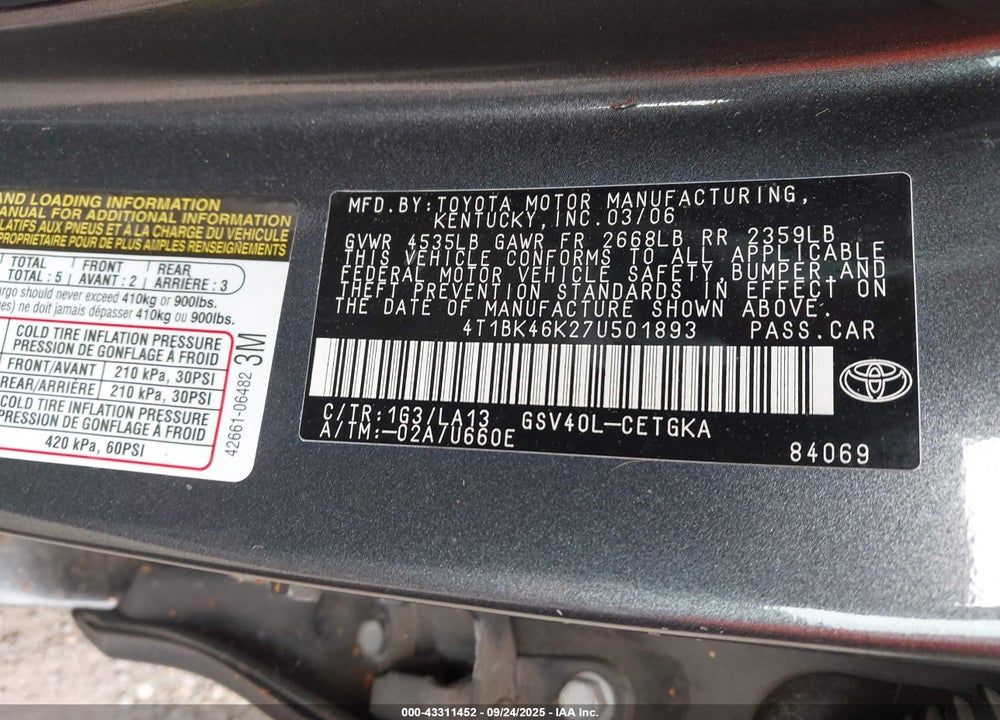 2007 TOYOTA CAMRY XLE V6 VIN: 4T1BK46K27U501893