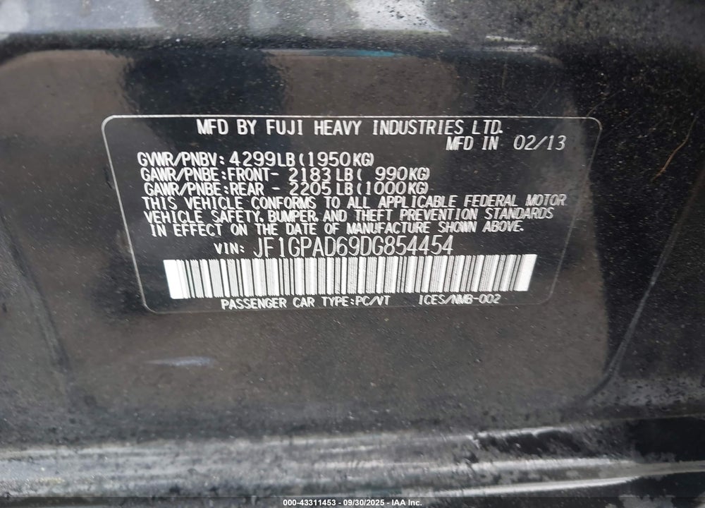 2013 SUBARU IMPREZA 2.0I PREMIUM VIN: JF1GPAD69DG854454