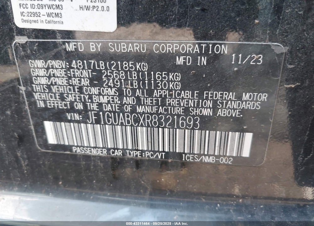2024 SUBARU IMPREZA VIN: JF1GUABCXR8321693