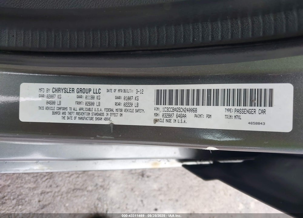 2012 CHRYSLER 200 VIN: 1C3CCBAG5CN240068