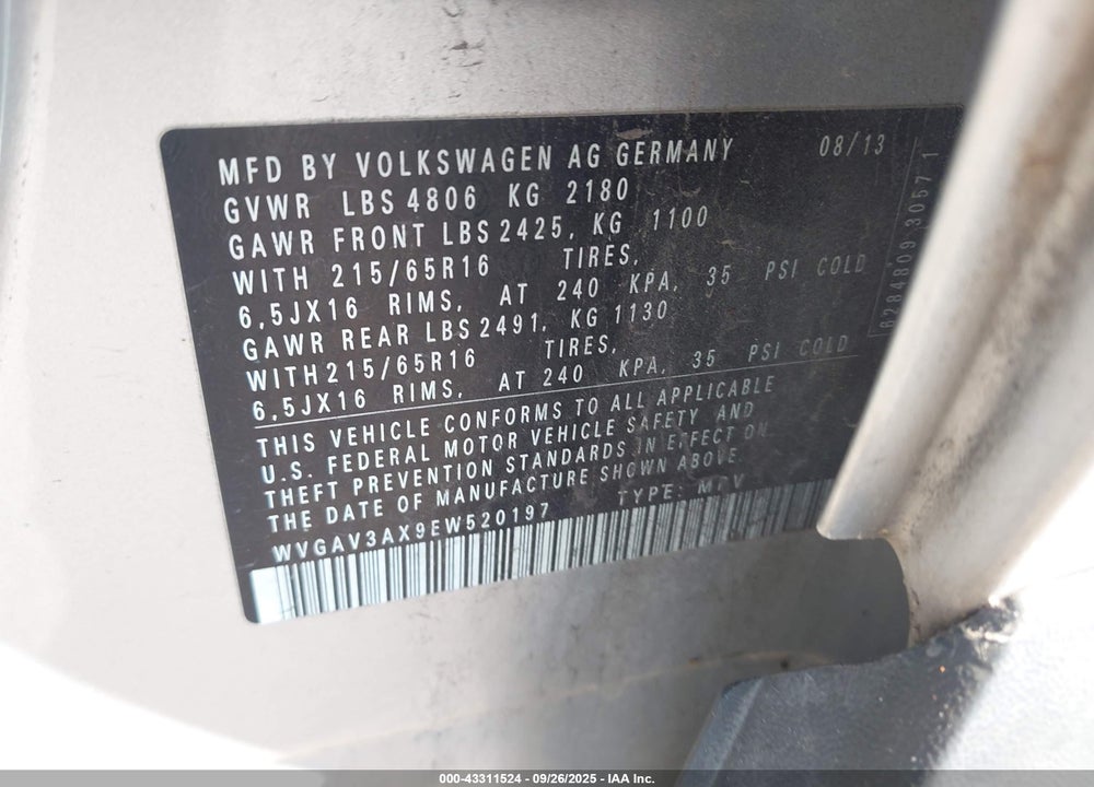 2014 VOLKSWAGEN TIGUAN VIN: WVGAV3AX9EW520197