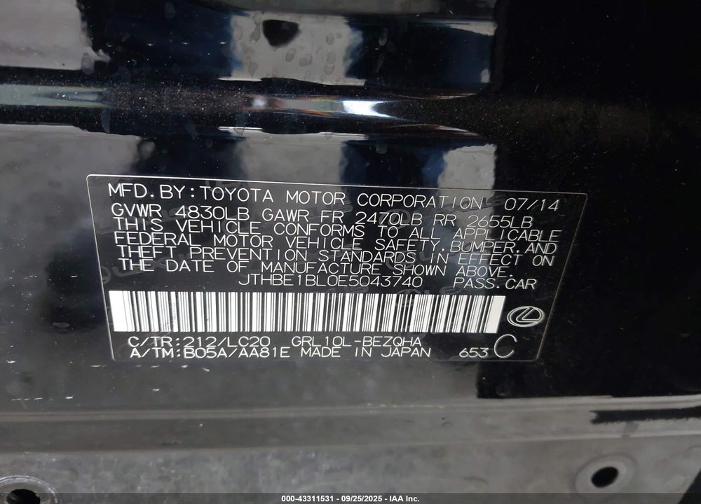 2014 LEXUS GS 350 VIN: JTHBE1BL0E5043740
