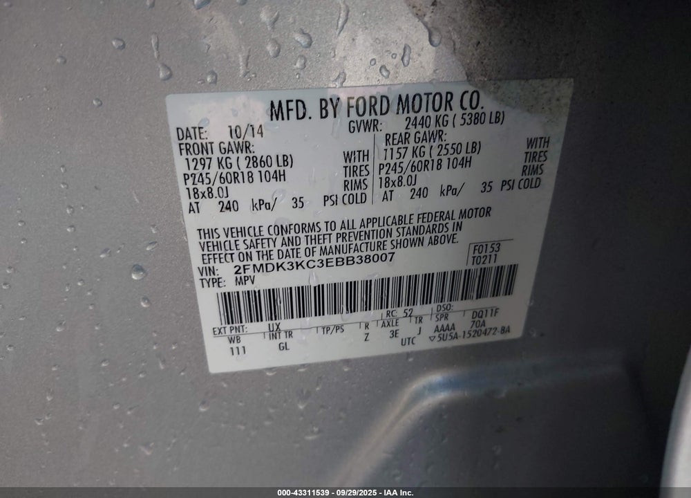 2014 FORD EDGE VIN: 2FMDK3KC3EBB38007