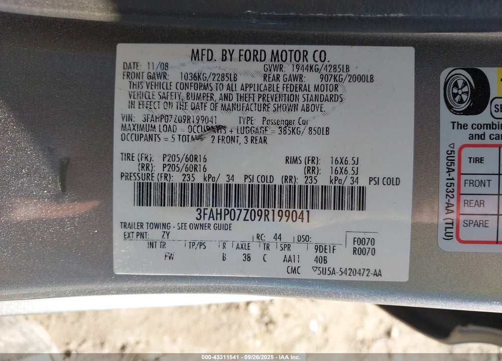 2009 FORD FUSION VIN: 3FAHP07Z09R199041