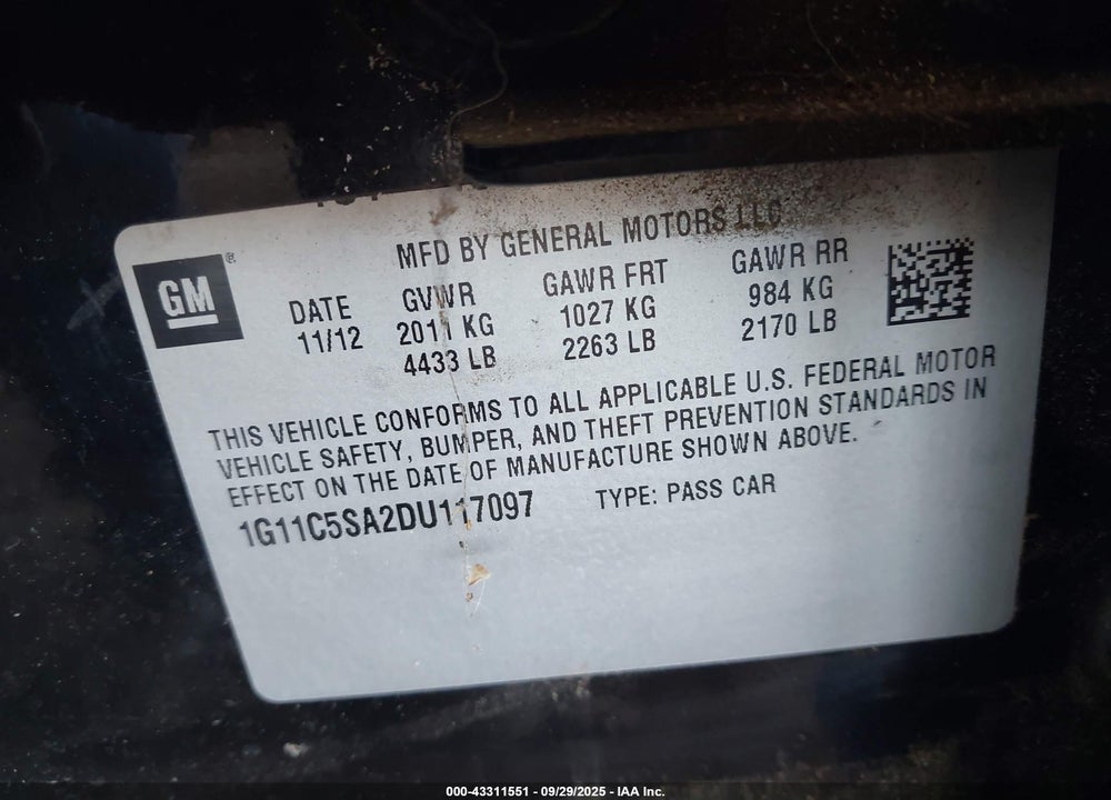 2013 CHEVROLET MALIBU VIN: 1G11C5SA2DU117097