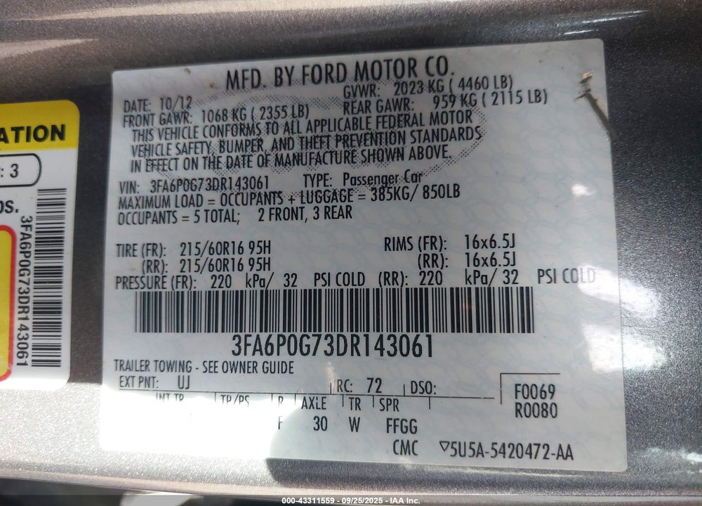 2013 FORD FUSION VIN: 3FA6P0G73DR143061