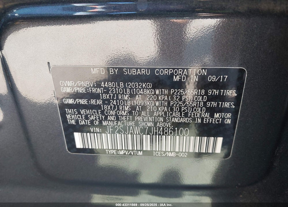 2018 SUBARU FORESTER VIN: JF2SJAWC7JH486100