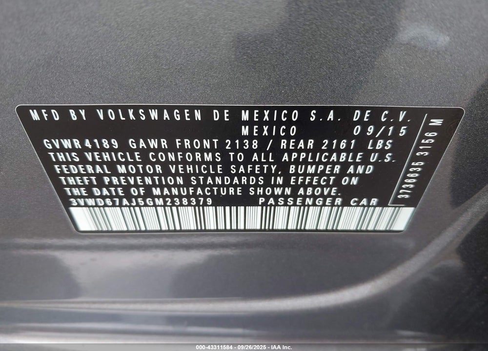 2016 VOLKSWAGEN JETTA VIN: 3VWD67AJ5GM238379