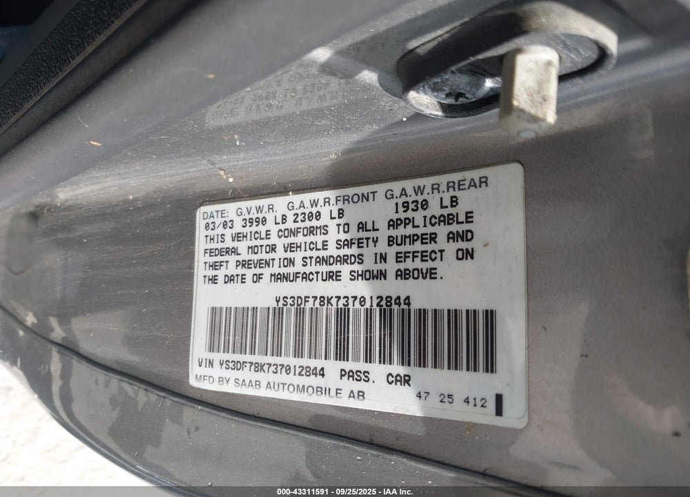 2003 SAAB 9-3 SE VIN: YS3DF78K737012844
