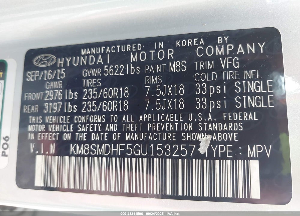 2016 HYUNDAI SANTA FE VIN: KM8SMDHF5GU153257