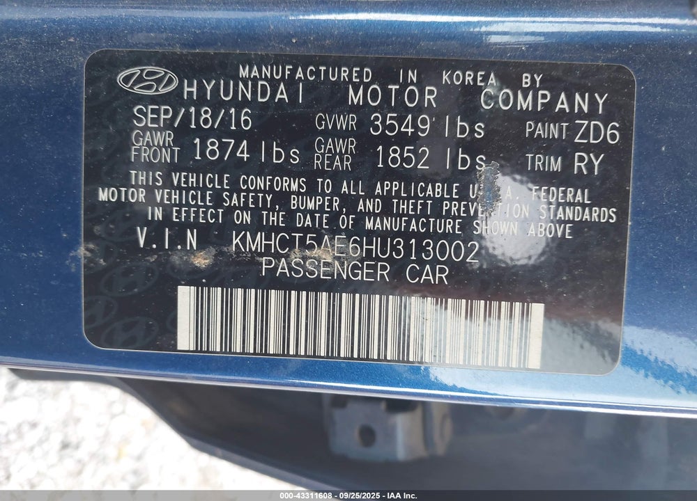 2017 HYUNDAI ACCENT VIN: KMHCT5AE6HU313002