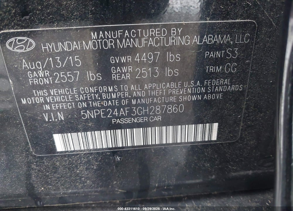 2016 HYUNDAI SONATA SE VIN: 5NPE24AF3GH287860