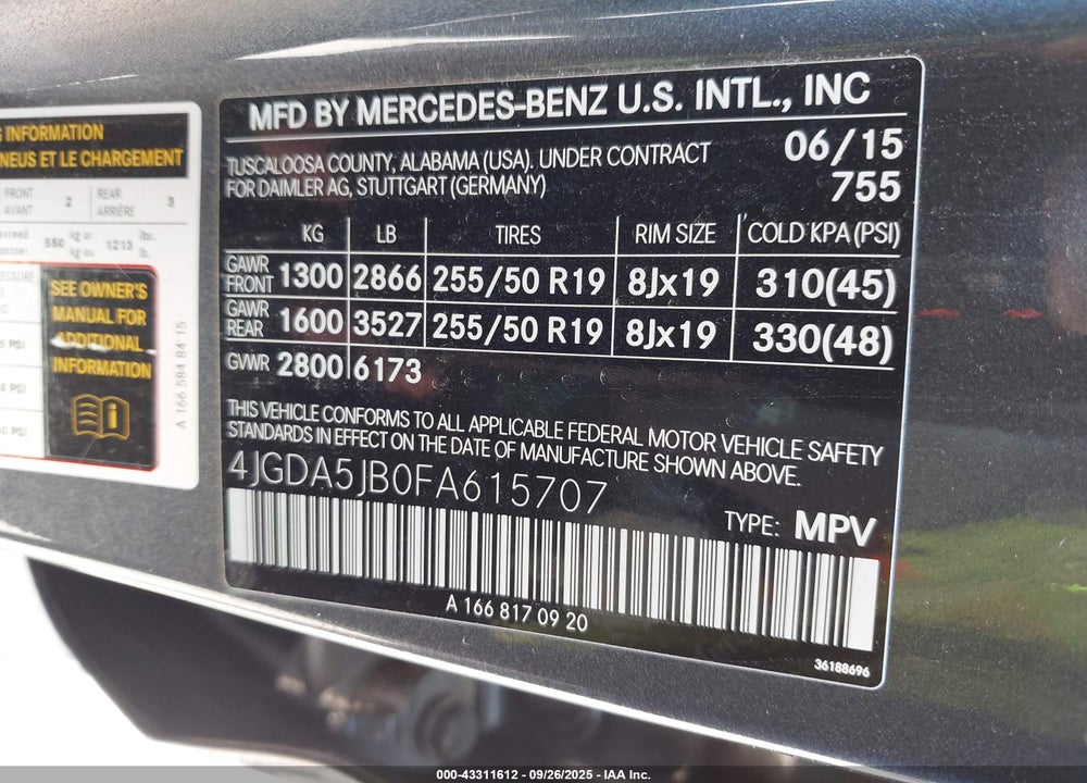 2015 MERCEDES-BENZ ML 350 VIN: 4JGDA5JB0FA615707
