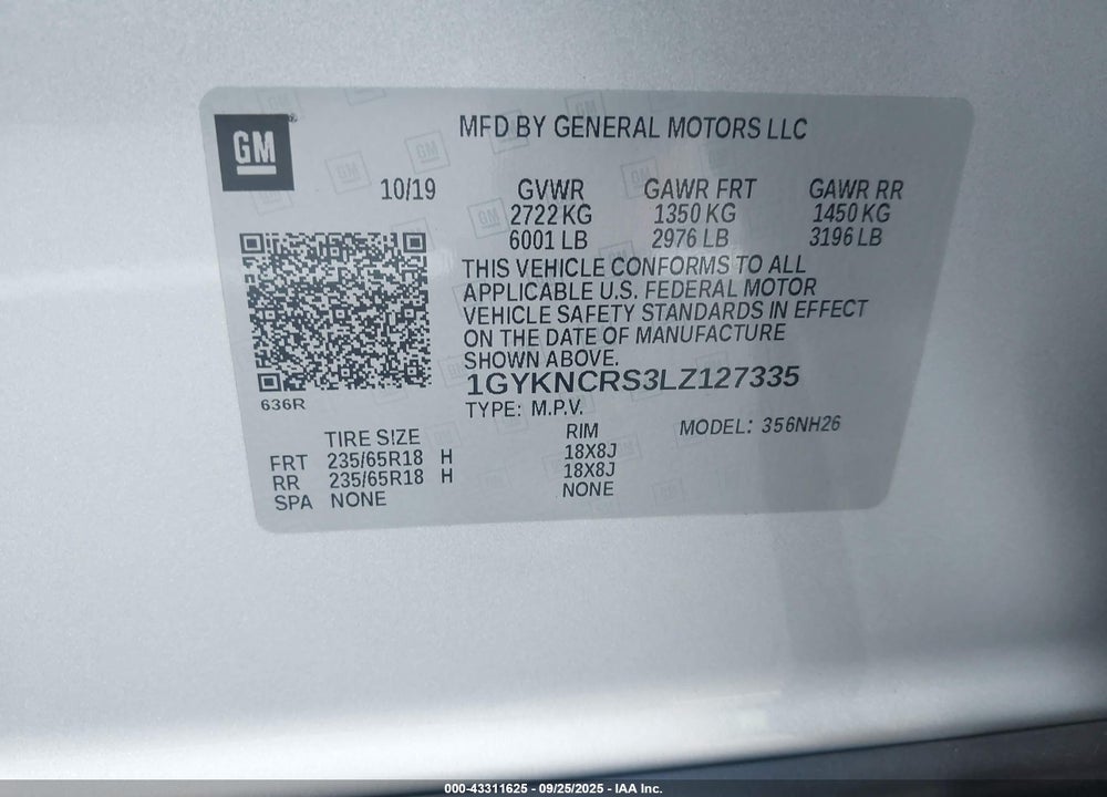 2020 CADILLAC XT5 VIN: 1GYKNCRS3LZ127335