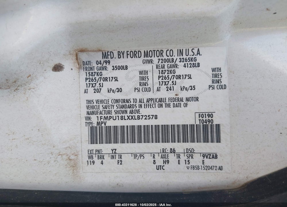 1999 FORD EXPEDITION EDDIE BAUER/XLT VIN: 1FMPU18LXXLB72578